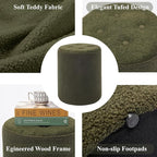 Modern Round Ottoman 2Pcs, Classic Foot Stool Ottoman, Teddy Fleece Upholstered Vanity Stool for Makeup, Bedroom, Living Room, Dark Green