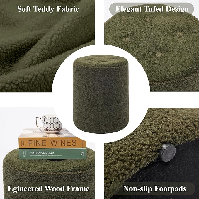 Modern Round Ottoman 2Pcs, Classic Foot Stool Ottoman, Teddy Fleece Upholstered Vanity Stool for Makeup, Bedroom, Living Room, Dark Green