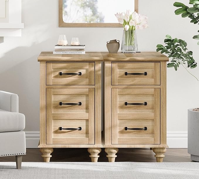 WAMPAT Set of 2 End Tables with Charging Station, Wooden Side Table with Drawer & Storage Cabinet, Farmhouse Nightstands with Power outlets USB Ports for Living Room & Bedroom, Oak