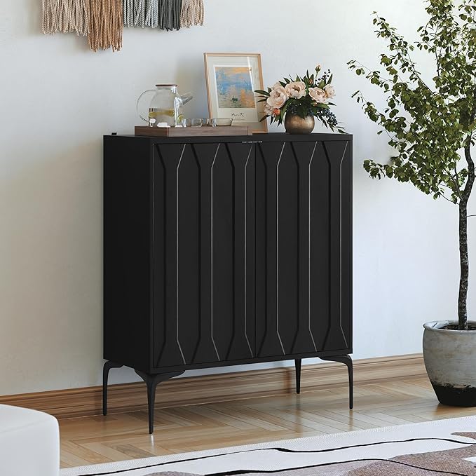 3More Accent Cabinet with 2 Doors,Sideboard Buffet Cabinet with Iron Legs and Adjustable Shelf,3D Lattice Design for Living Room, Entrance, Dining Room,Black