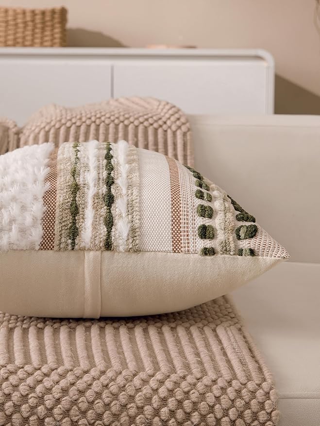 Boho Chenille Tufted Couch Throw Pillow Covers 18x18 Inch Set of 2 Farmhouse Striped Decorative Pillow Covers Accent Neutral Square Pillowcase Green Cushion Covers for Livingroom Sofa Bed