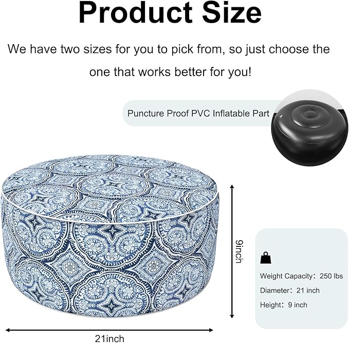 Inflatable Ottoman Stool D21 xH9 for Outdoor/Indoor Use, Water Repellent Patio Foot Rest Stool with Portable Handle,Round Pouf Ottoman Suitable for Garden,Deck and Camping - Medallion Blue