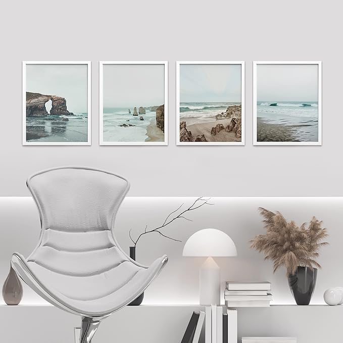 SIGNWIN Framed Rocky Storm Cloud Sky Beach Ocean Wall Art, Set of 4 Landscape Colorful Wall Decor Prints, Nature Wilderness Wall Décor for Living Room, Bedroom - 8"x10" White