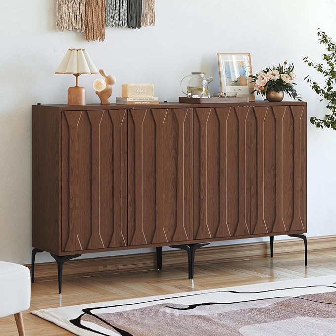 3More 2 Door Accent Cabinet Set of 2,Sideboard Buffet Storage Cabinet with Iron Legs and Adjustable Shelf,3D Lattice Design Suitable for Living Room, Entrance, Dining Room,Walnut