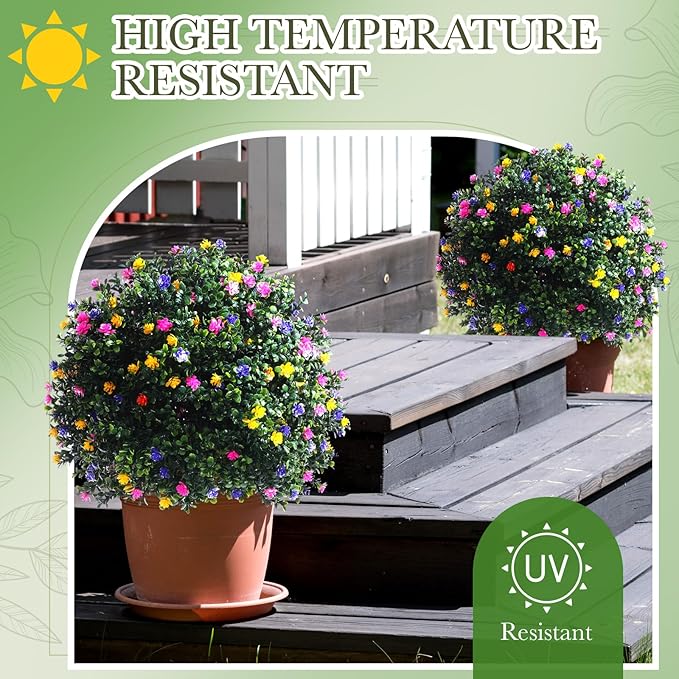 Yunlly Set of 2 Artificial Boxwood Topiary Ball Tree Fake Bushes Shrubs Outdoor Faux Plant with Ground Spike Flowers UV Resistance Greenery for Front Porch Garden Patio Indoor(Multicolor,27x18inch)