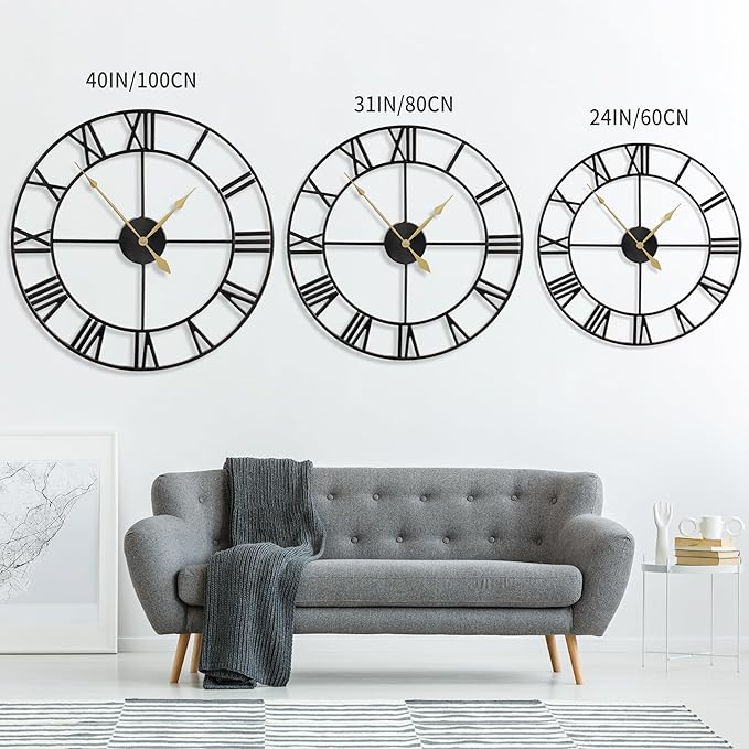 LEIKE 80CM Extra Large Wall Clock - 31" Oversize Modern Black Metal Roman Numeral Nearly Silent Little Ticking Battery Operated Wall Clocks for Living Room, Kitchen,Bedroom Farmhouse Home Decor