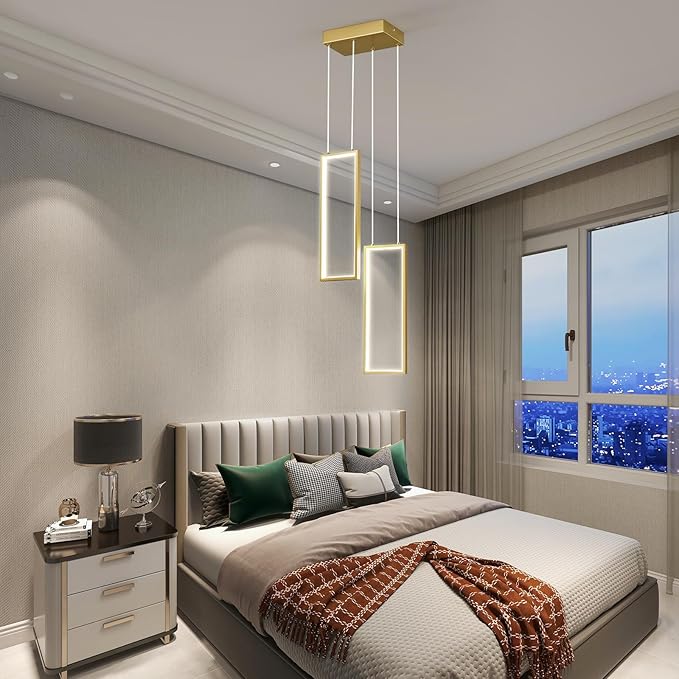 Modern Kitchen Pendant Light Fixture Gold 18W LED Pendant Light 2 Rings Rectangle Chandelier Pendant Lighting for Kitchen Island Living Room Dining Room Bedroom