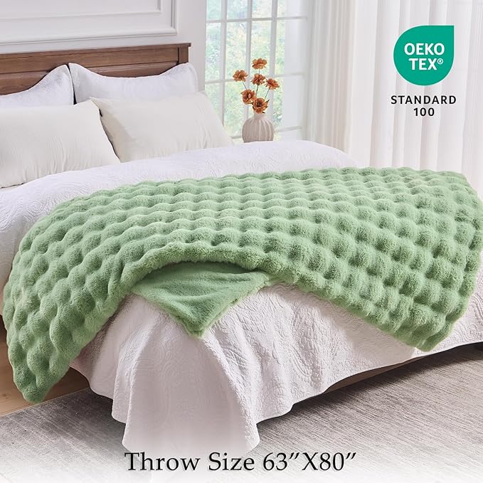 BENVWE Fluffy Faux Fur Throw Blanket for Couch, Soft Plush Thick Cozy Fuzzy Luxury Minky Bubble Blanket for Home Living Room Decor Gift for Women, Sage Green, 63" x 80", 1100GSM