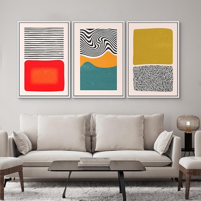 SIGNWIN Framed Canvas Print Wall Art Set Mid-Century Color Blocks & Spirals Abstract Shapes Illustrations Modern Art Contemporary Minimal Ultra for Living Room, Bedroom, Office - 24"x36"x3 White