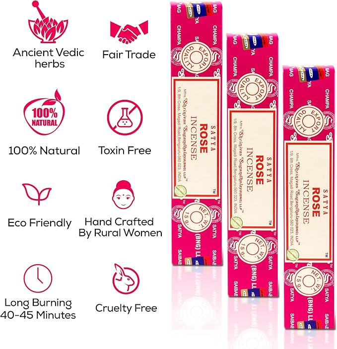 Satya Rose Incense Sticks, Satya Bng Insenses 15gmx12 Pack with Raajsee Incense Holder Bundle, Satya Nagchampa Natural Incense