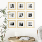 Vittanly 8x8 Picture Frames Set of 9, Shatter Resistant Plexiglass, Display 4x4 Pictures with Mat or 8x8 without Mat, Photo Frames for Wall Mount, Engineered Wood, OAK