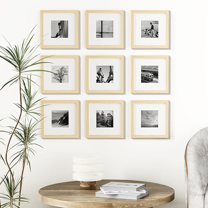 Vittanly 8x8 Picture Frames Set of 9, Shatter Resistant Plexiglass, Display 4x4 Pictures with Mat or 8x8 without Mat, Photo Frames for Wall Mount, Engineered Wood, OAK