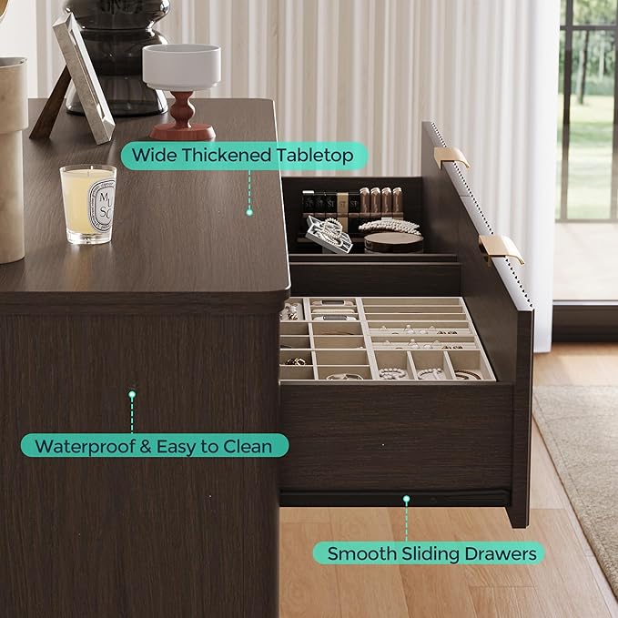 LINSY HOME Fluted Dresser for Bedroom with 6 Drawers, 54" Wide Mid Century Modern Dressers, Tall Boho Chest of Drawer, Large Wood Accent Storage Cabinet for Living Room, Curved Profile Design, Walnut