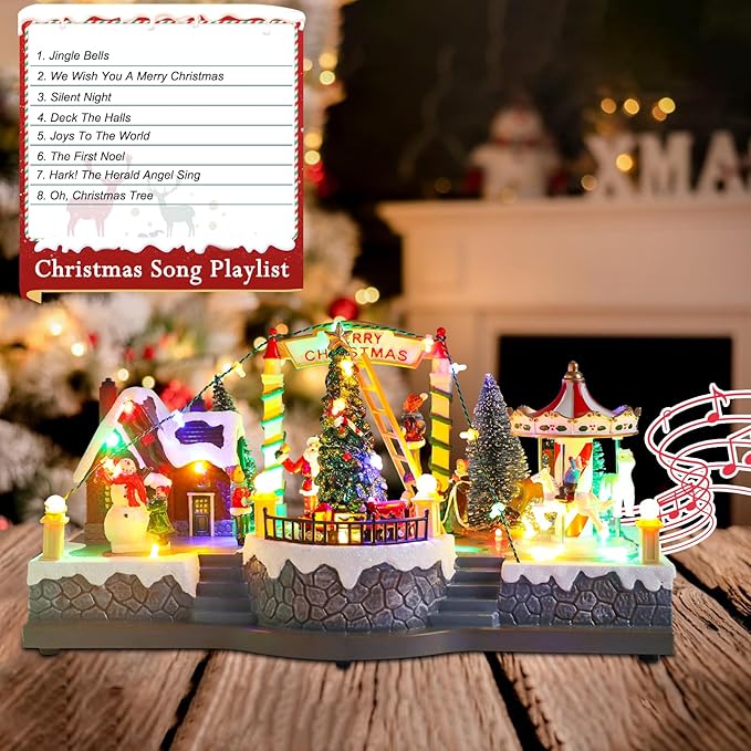 Christmas Village House Musical Christmas Collectible Buildings Rotation Train Carousel Tree in Park with LED Lights Vacation Village with USB Indoor Figurines Indoor Tabletop Decoration