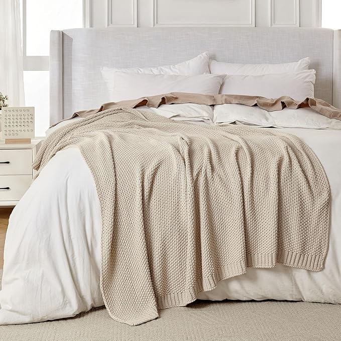 Joydeco Chunky Cable Knit Throw Blanket, Lightweight 100% Organic Cotton Soft Cozy Throw Twin Blanket for Couch Bed and Sofa, Rustic Breathable Farmhouse Blanket Gift for Women Men(Beige, 51"x63")