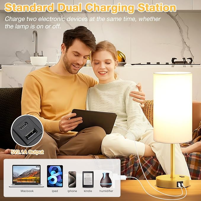 Touch Bedside Table Lamp with USB - 3 Way Dimmable Gold Lamp for Bedroom Nightstand, Desk Lamp with Charging Station for Dorm, Office, Kids Room, Living Room