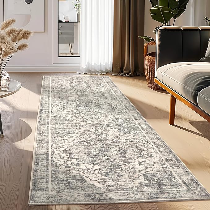 Topllen Runner Rug - 2'6" x8'Boho Washable Kitchen Rug, Non-Slip Soft Low Pile Rugs Indoor for Hallway Hall Living Room Bedroom Sunroom, Vintage Throw Stair Carpet Stain Resistance (Black, 2.5x8ft)