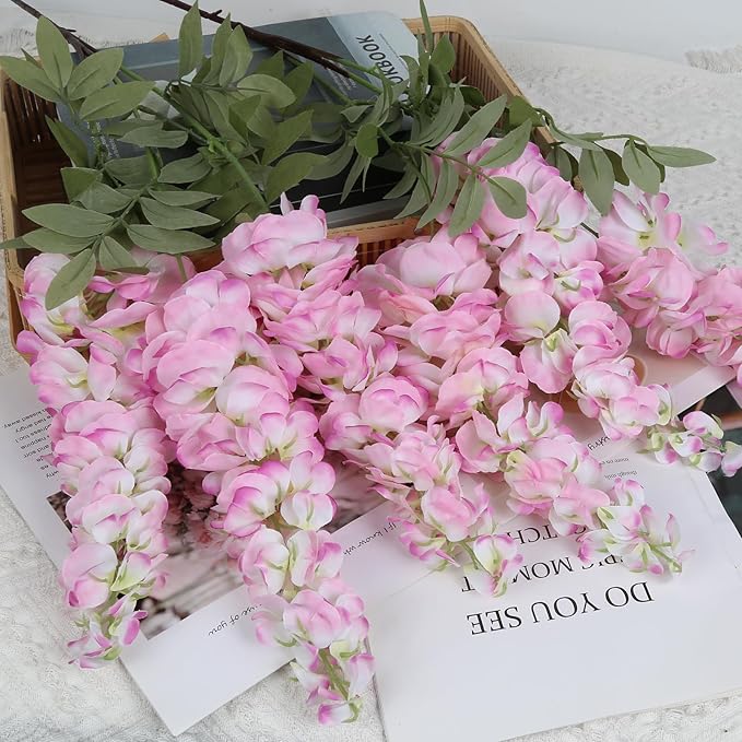4PCS Pink Artificial Wisteria Hanging Flowers 40'' Tall Lush Fake Wisteria Flowers for Floor Vases Silk Flowers for Wedding Arch Ceremony Window Box Home Garden Backdrop Decoration (Pink)