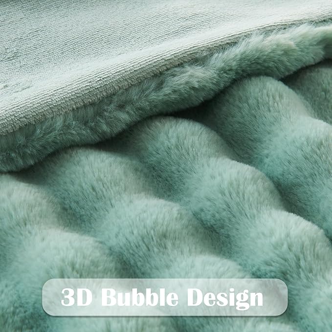 NEWCOSPLAY Faux Fur King Blanket Sage Green Bubble Blanket Thick Warm Soft for Couch Sofa Bed 550GSM (New Sage Green, King(90"x110"))