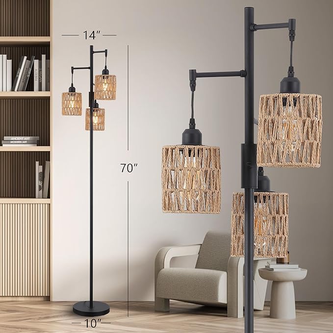 Rattan Floor Lamp for Living Room with 3 Lights,Boho Standing Lamps with Rattan Shades, Rustic Black Vintage Standing Light 70" Tall Tree for Office, Reading, Corner, Blub Included