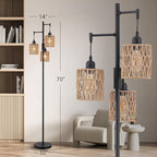 Rattan Floor Lamp for Living Room with 3 Lights,Boho Standing Lamps with Rattan Shades, Rustic Black Vintage Standing Light 70" Tall Tree for Office, Reading, Corner, Blub Included