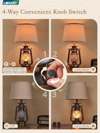 LEDIARY 18.72" Black Gold Vintage Lantern Flickering Flame Table Lamps for Bedrooms Set of 2, Small Farmhouse Rustic Vintage End Table Lamps, Halloween Decorative Lantern Bedside Lamps for Living Room