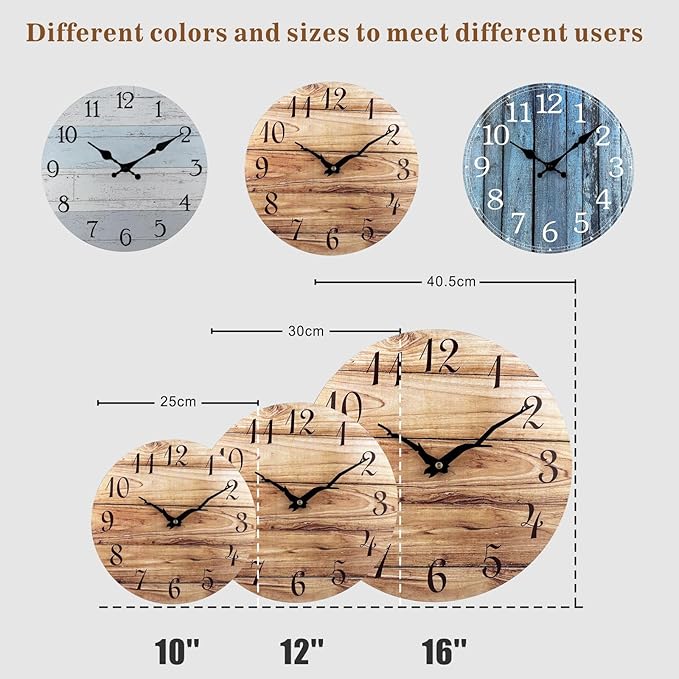 Plumeet Wall Clock, 12'' Frameless Wooden Wall Clocks with Silent Quartz Movement, Rustic Coastal Country Village Clocks Decorative for Kitchen Bedroom Living Room