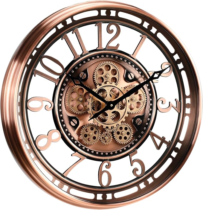 CLXEAST 21 Inch Moving Gear Wall Clock for Modern Farmhouse Living Room Decor,Large Industrial Steampunk Wall Clock for Home Office,Metal Copper Finished,House Warming Gifts New Home