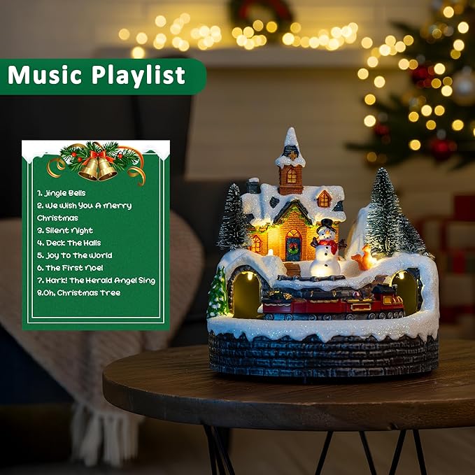 Animated Musical Christmas Village Figurines Christmas Collectibles Statues Church Building and Snowman with Rotating Train LED Lights, Battery & USB Home Decor Gifts Festive Holiday Decorations