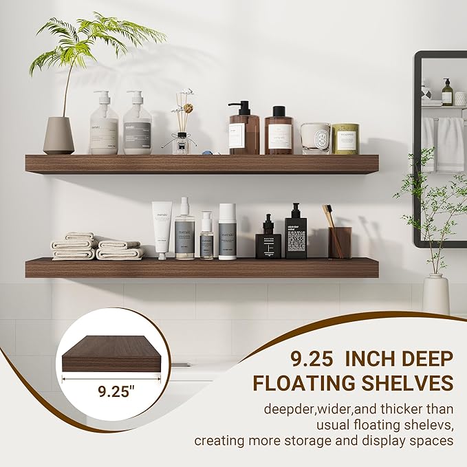 36 Inch Floating Shelves, 36"x9.25"x1.5" Inch Deep Floating Shelves for Wall, Wooden Shelves for Bathroom, Bedroom, Living Room, Walnut
