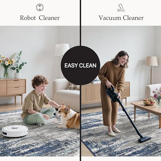 GENIMO Area Rugs 9x12 Living Room, Large Machine Washable Rug Non-Slip, Modern Soft Low Pile Rugs for Bedroom, Playroom, Dining Room, Blue Ivory