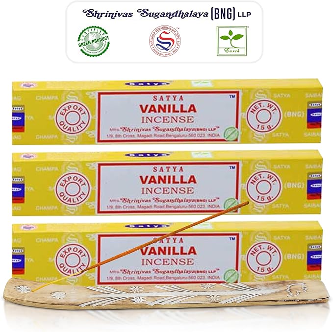 Satya Nagchampa Vanilla Incense Sticks, Satya Bng (Bangalore) Insenses 15gmx3 Pack (45 GMS) with Raajsee Incense Holder Bundle, Satya Nagchampa Natural Incense