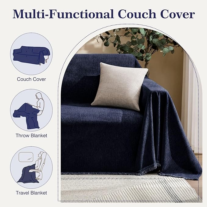 MaymissCouch Cover for Dogs Sectional Sofa Covers Washable for 3 Cushion Couch, Chenille Couch Cover Blanket, Sectional Sofa Slipcovers, Multi-Use Furniture Protector for Kids, Pets, 71" X150", Navy