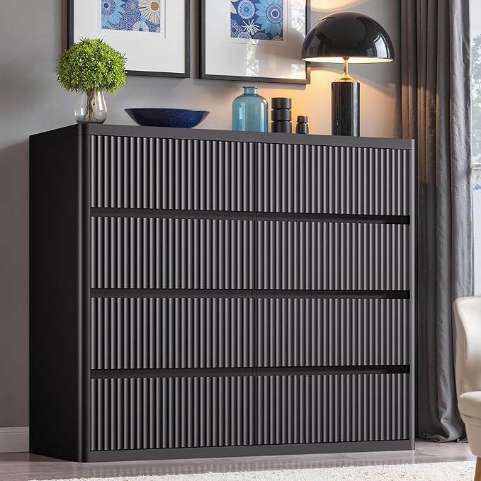 Black Dresser for Bedroom, 8 Drawers Double Fluted Dressers, Modern Chest of Drawers with Curved Profile, Handleless, Storage Closet Dressers for Bedroom, Living Room, Entryways, Natural