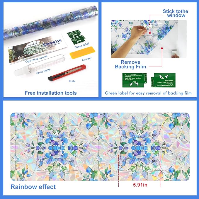 Window Privacy Film Stained Glass Decorative Window Tint for Home Room Decor Static Cling Rainbow Window Film Blackout Bathroom Bedroom Car Renter Friendly (Blue&Purple Hydrangea Flower)