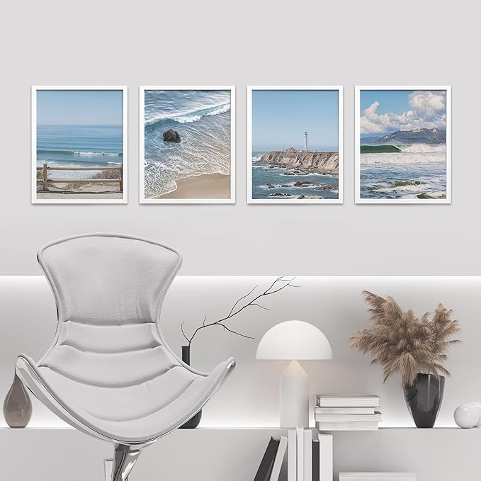 SIGNWIN Framed White Aerial View Blue Ocean Wave Beach Shore Wall Art, Set of 4 Landscape Colorful Wall Decor Prints, Nature Wilderness Wall Décor for Living Room, Bedroom - 12"x16" White