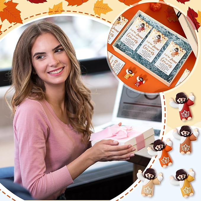 100 Pcs Thanksgiving Fall Jesus Figures Bulk 100 Fall for Jesus He Never Leaves Cards Little Maple Leave Figurines Greeting Cards Mini Pocket Figures for Religious Party Favors Gifts