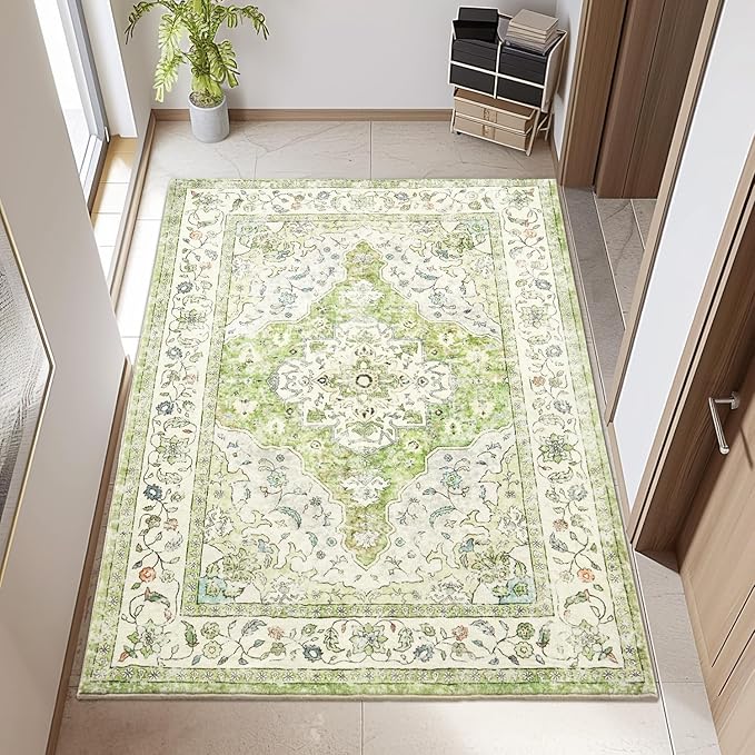 Topllen Washable Area Rug - 3'x5' Boho Bedroom Rug Indoor, Non-Slip Low-Pile Rugs for Living Room Bathroom Kitchen Front Door, Entry Throw Carpet Stain Resistance (Green, 3x5ft)