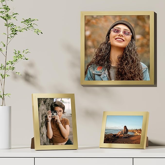 Vittanly 12x12 Picture Frames Set of 9, Shatter Resistant Plexiglass, Display 8x8 Pictures with Mat or 12x12 without Mat, Photo Frames for Wall Mount, Engineered Wood, Gold