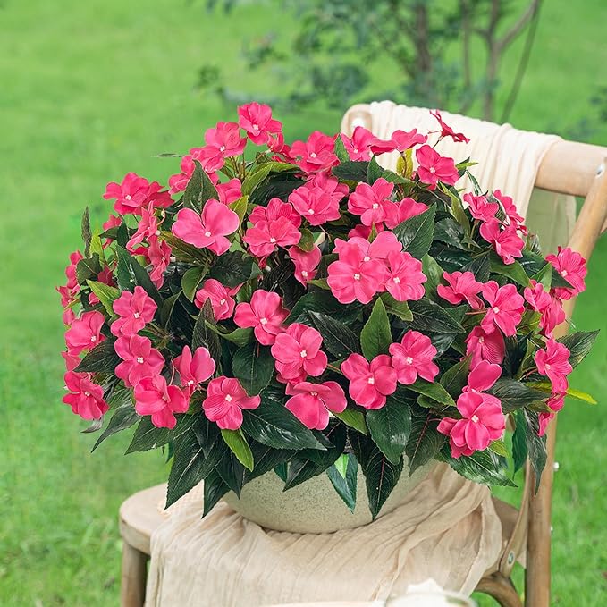 UUqueeten Fall Decorations for Home Fake Fall Flowers Fake Plants Artificial Impatiens Bouquet Flowers for Outdoors Silk Faux Flowers Impatiens Plants Decor Indoor Planters 15.7" (Rose Red) 8PCS