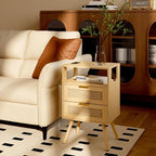 Rattan Nightstand,Farmhouse Bedside Table with 2 Storage Drawer and Open Wood Shelf, for Bedroom and Small Spaces,Night Stand with Solid Wood Legs (Yellow Oak)