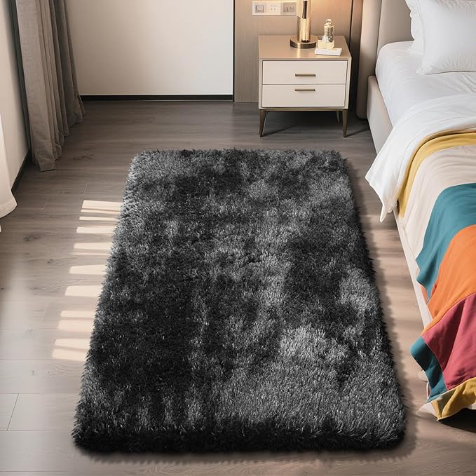 Shag Area Rug for Bedroom 3x5,Black Fluffy Area Rugs for Living Room,Soft Fuzzy Rug Non-Shedding Indoor Plush Carpet for Kids Bedroom Nursery Dorm Home Decor
