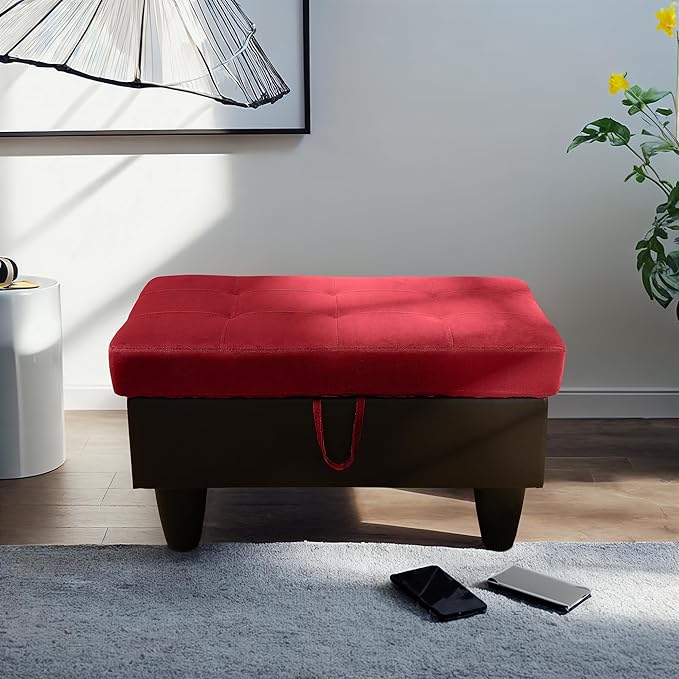 Ottoman Rectangular Storage Ottoman Bench, Flannel Footrest Stool Footstool with Lid for Living Room, Bedroom, Entryway, Red&Black, 35"x23.5"x17.5"