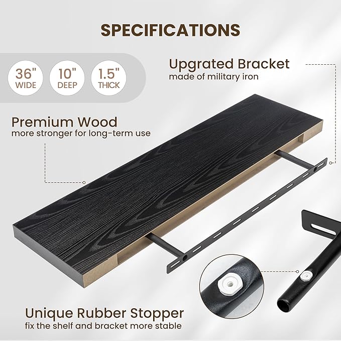 Fun Memories Floating Shelves for Wall 36 Inches, Wood Shelves with Invisible Bracket, 10" Deep Shelves Wall Mounted, Large Wood Floating Shelves for Living Room Bathroom, Black, Set of 2