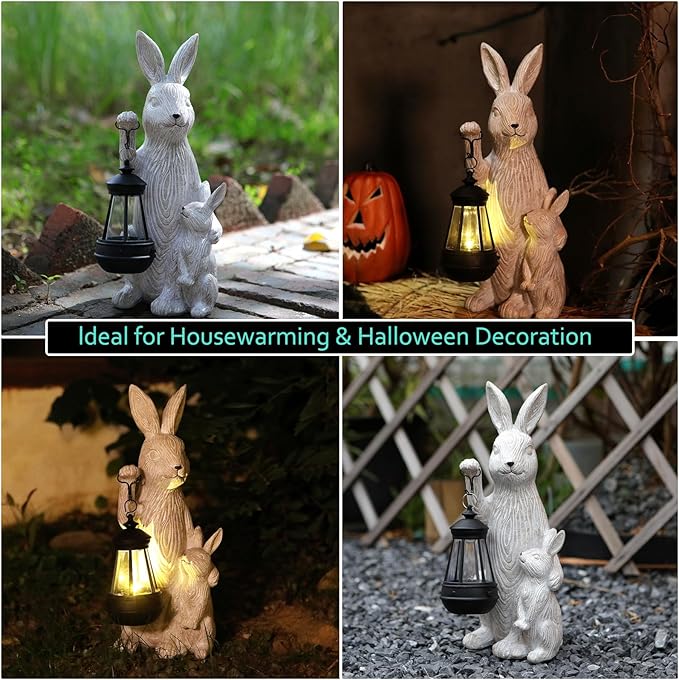 Solar Garden Statues Bunny Decor with LED Lights Home Decorations Outdoor Garden Rabbit Statue for Patio, Balcony, Yard, Lawn Ornament - Unique Housewarming Birthday Gifts for Women