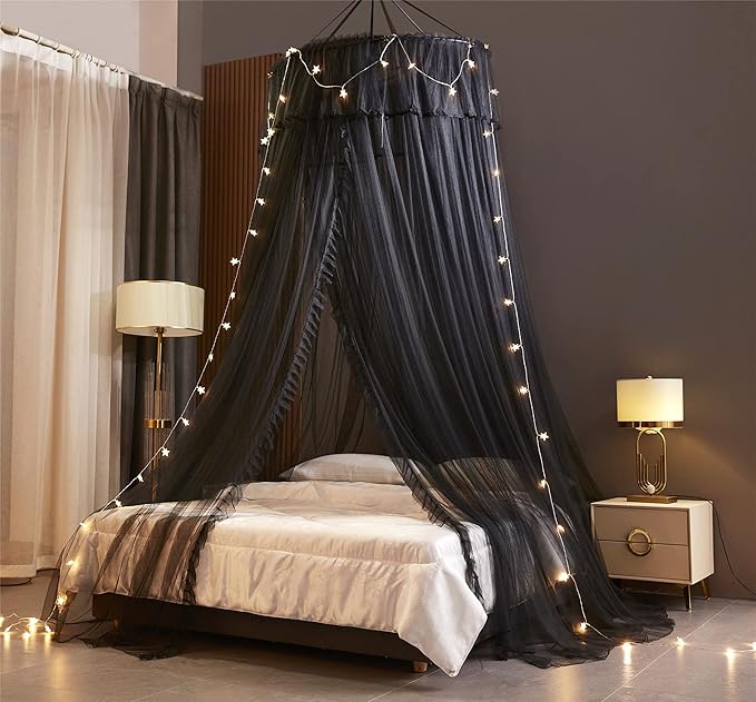 VETHIN Princess Bed Canopy for Girls,Bed Canopy Curtain- Double Layer Sheer Mesh Dome Bed Curtain- Round Lace Princess Mosquito Net Tent (Double Black-2)