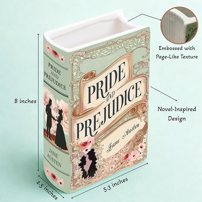 Ceramic Book Vase Pride and Prejudice Gifts for Book Lovers Women & Men - Jane Austen Gifts for Women Bookish Christmas Decor for Bookshelf - Bookworm Bookish Gift Cute Librarian Present for Readers