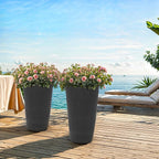 24" Tall Planters for Outdoor Plants, Set of 2 Heavy-Duty Resin Flower Pots, Matte Black Leather Grain Finish, Durable & Weather-Resistant, Ideal for Garden, Patio, Yard, Porch, or Home Use