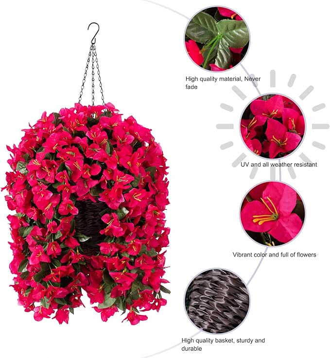 Artificial Bougainvillea Faux Flowers Plants Baskets for Outdoor Outside Summer Decoration, 3 PCS Fake Silk Long Hanging Vines UV Resistant Realistic for Front Door Porch Patio Balcony, Hotpink