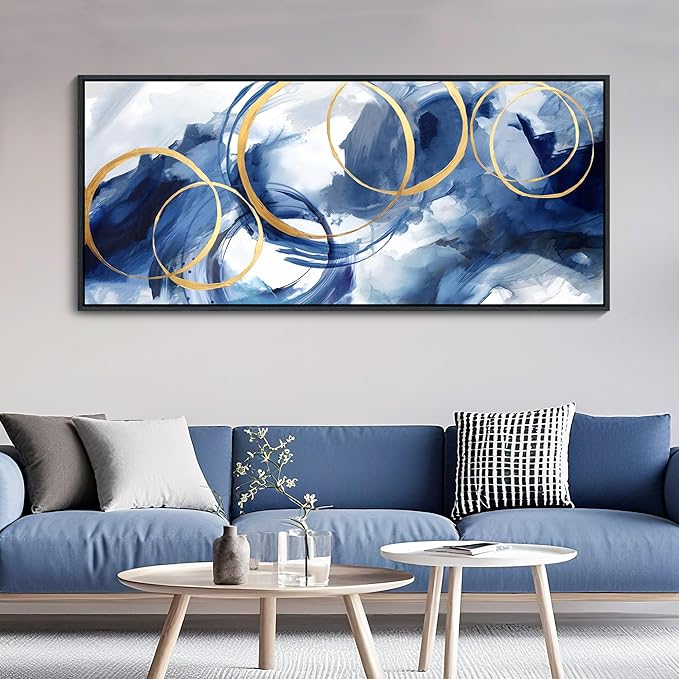AJAZIKO Blue Abstract Canvas Wall Art Modern Wall Decor Artwork for Walls Living Room Large Painting Office Pictures for Wall Navy Gold Contempor Decorations for Bedroom